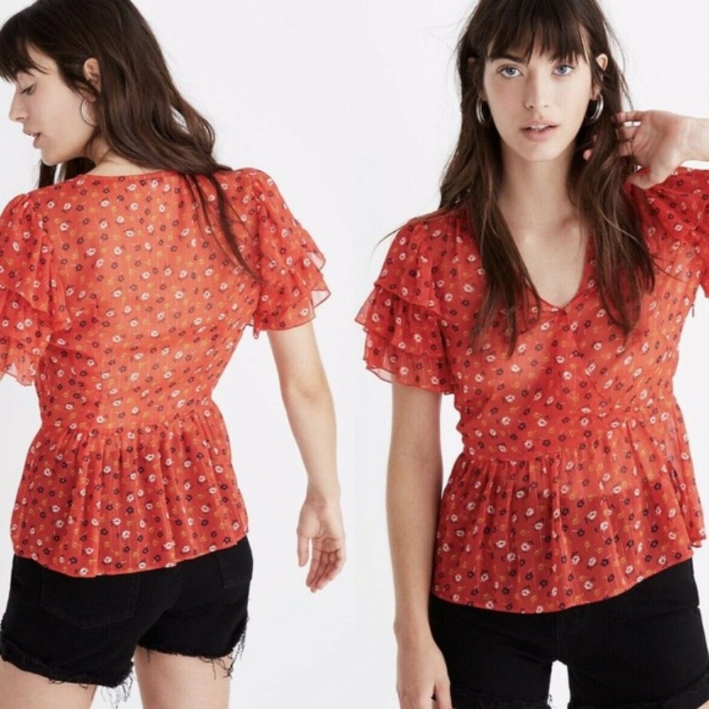Madewell Tiered-Sleeve Peplum Top in Metallic Prairie Posies